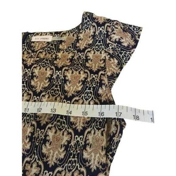 Blu Pepper Dress Black Tan Cap Sleeves Size Medium Zip Back Geometric - Picture 9 of 12